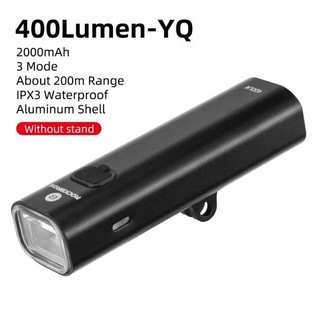 Stevvex front bike light USB rechargeable 400 Lumen-YQ, black aluminum shell with bracket IPX3 on Tampa Home & Garden Store