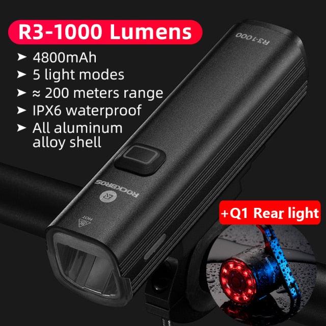 Stevvex bike front light R3-1000 lumens USB rechargeable LED, black aluminum shell, 4800mAh on Tampa Home & Garden Store