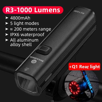 Stevvex bike front light R3-1000 lumens USB rechargeable LED, black aluminum shell, 4800mAh on Tampa Home & Garden Store