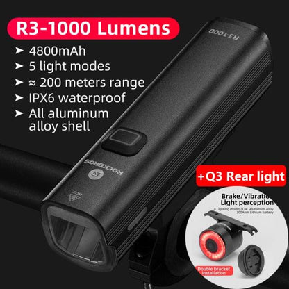 Stevvex front bike light R3-1000lm, black aluminum body, 4800mAh USB; includes Q3 rear light on Tampa Home & Garden Store