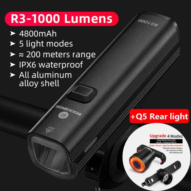 Stevvex front bike light USB rechargeable 1000LM black aluminum waterproof lamp with mount on Tampa Home & Garden Store