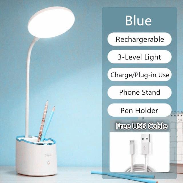 Rechargeable desk lamp Stevvex with pen holder, white base, blue trim, LED touch, USB charging on Tampa Home & Garden Store