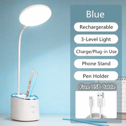 Rechargeable desk lamp Stevvex with pen holder, white base, blue trim, LED touch, USB charging on Tampa Home & Garden Store