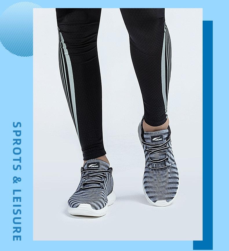 Mens lightweight running sneakers Stevvex with striped knit upper and white sole pair on Tampa Home & Garden Store