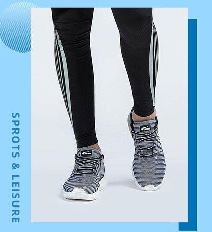 Mens lightweight running sneakers Stevvex with striped knit upper and white sole pair on Tampa Home & Garden Store