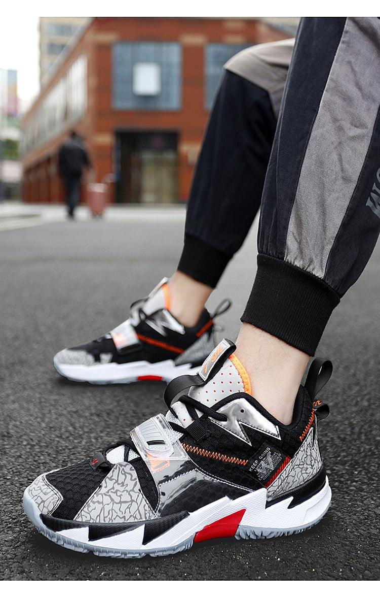Stevvex unisex high-top basketball sneakers black gray white with orange accents on Tampa Home & Garden Store