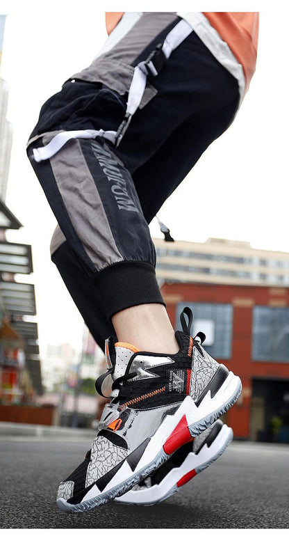 Unisex modern breathable hightop basketball shoes with grey-black panels and orange accents on Tampa Home & Garden Store