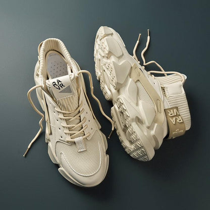 Stevvex beige high-top men's sneakers pair with chunky sole and breathable mesh upper on Tampa Home & Garden Store