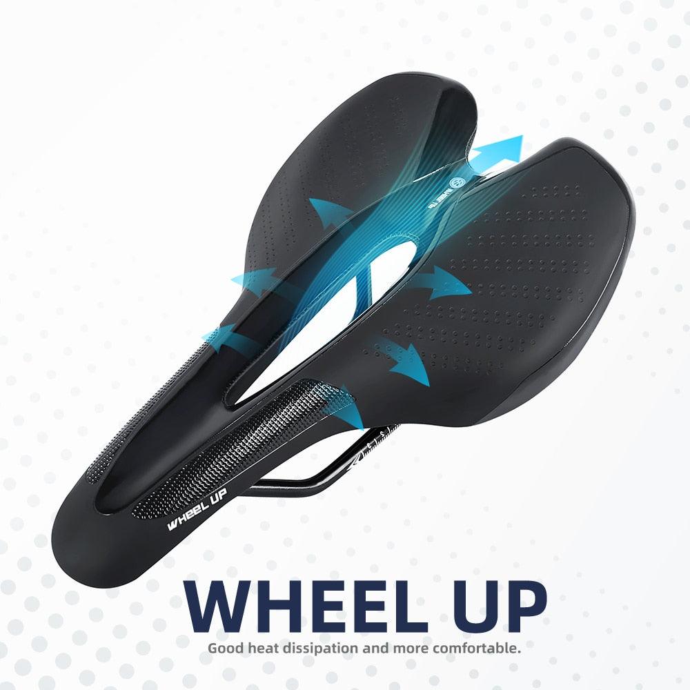 Stevvex bicycle saddle with black perforated cover and airflow arrows Wheel Up branding on Tampa Home & Garden Store
