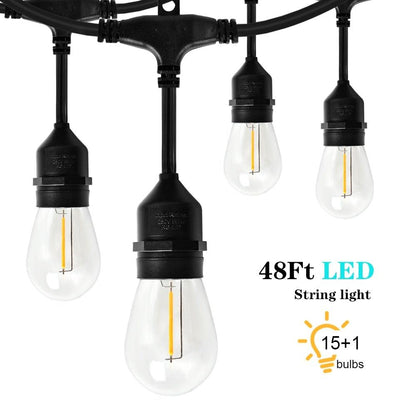 Stevvex IP65 LED string lights with 15+1 daylight white retro Edison bulbs, 48 ft length on Tampa Home & Garden Store