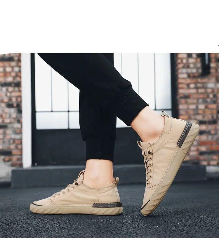 Stevvex beige canvas men's sneakers, breathable upper, lace-up casual walking shoes on Tampa Home & Garden Store
