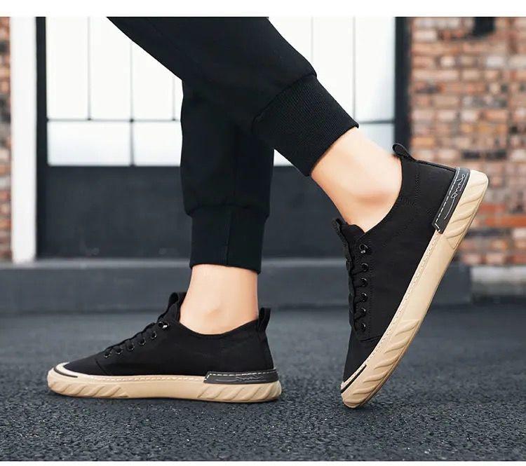 Stevvex canvas men's sneakers black upper beige sole lightweight casual walking shoes pair on Tampa Home & Garden Store
