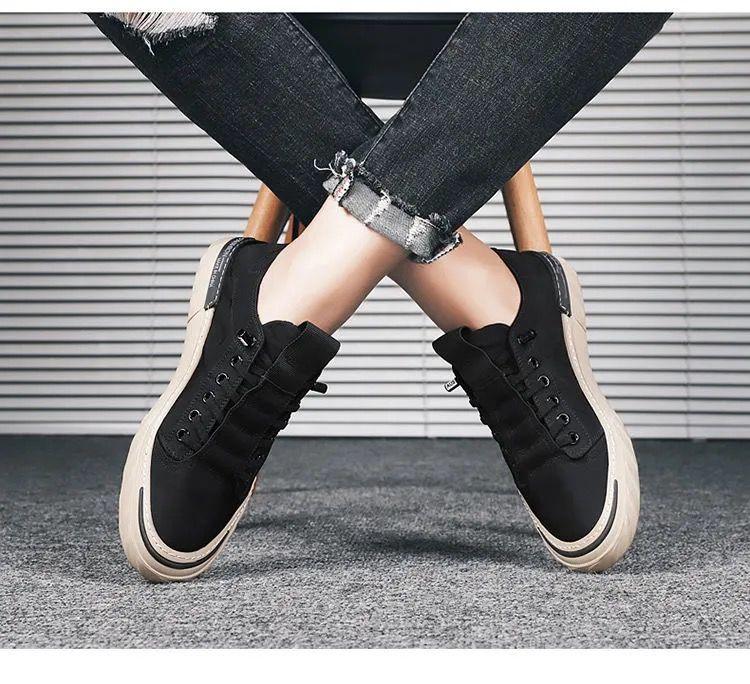 Stevvex canvas men's sneakers, black cloth upper with beige sole, casual walking shoes on Tampa Home & Garden Store