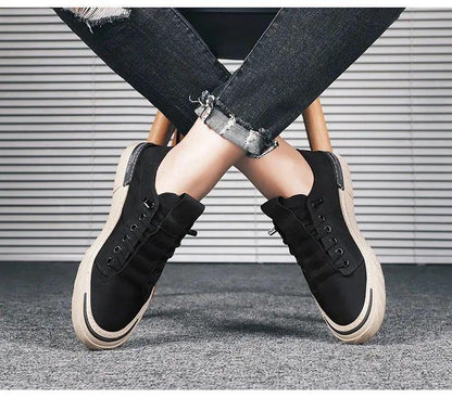 Stevvex canvas men's sneakers, black cloth upper with beige sole, casual walking shoes on Tampa Home & Garden Store