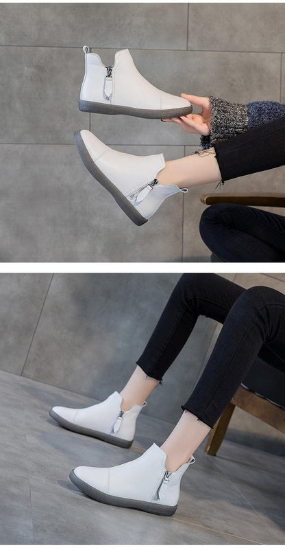 Pair of women genuine leather ankle boots white with side zipper and gray anti-slip sole on Tampa Home & Garden Store