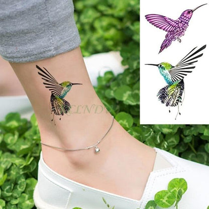 Stevvex waterproof temporary tattoo of a hummingbird on ankle; green body with black wings on Tampa Home & Garden Store