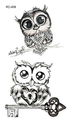 Temporary tattoo sheet with two black-and-white owl sketches, line-art perched on a vintage key on Tampa Home & Garden Store