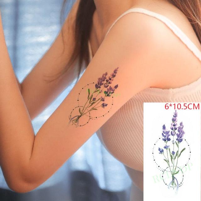 Temporary tattoo lavender sprig design on upper arm, waterproof colorful Stevvex brand on Tampa Home & Garden Store