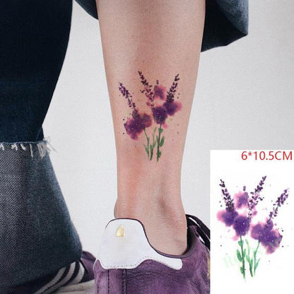 Temporary tattoo purple lavender floral design on ankle, 6×10.5 cm on Tampa Home & Garden Store