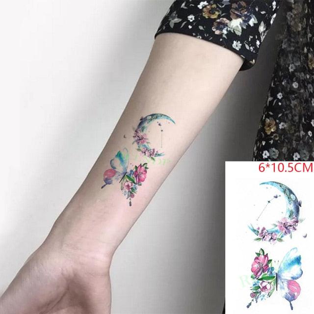 Stevvex temporary tattoo forearm art: colorful floral butterfly with crescent moon, waterproof, 6x10.5 cm on Tampa Home & Garden Store