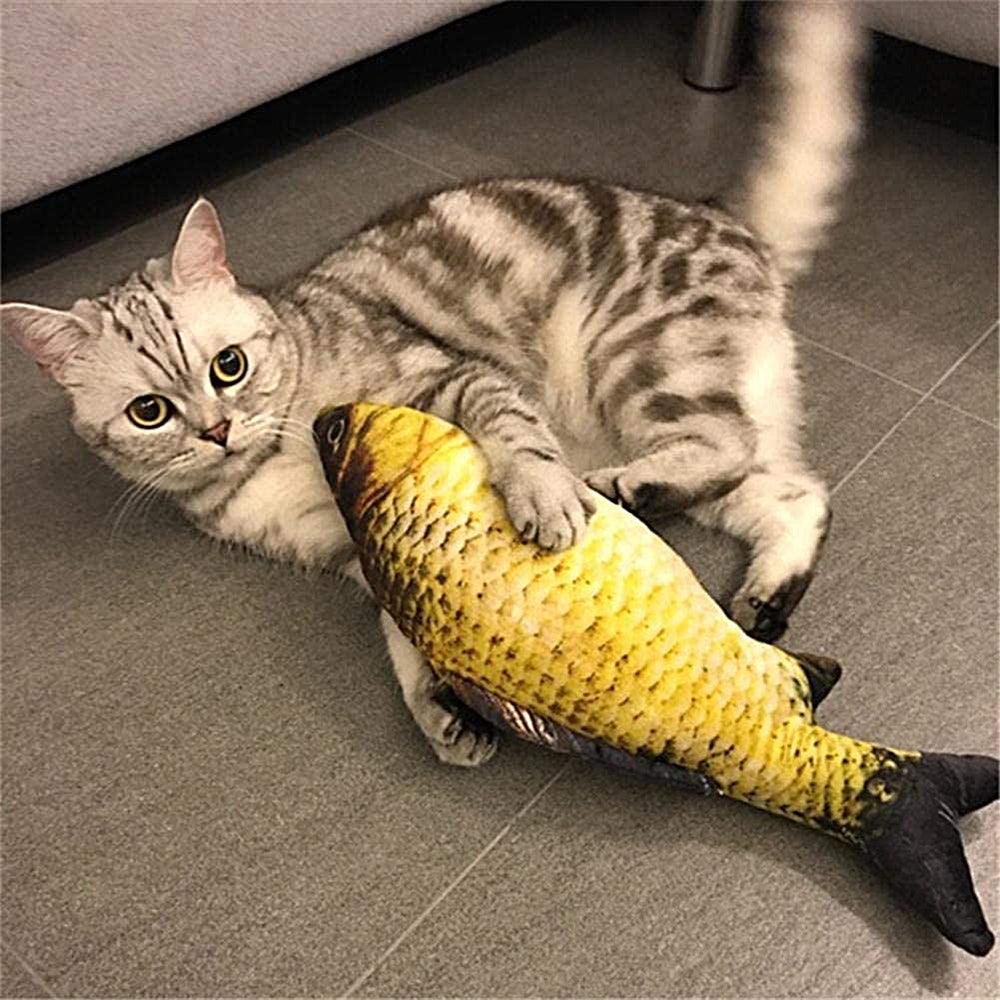 Electric Cat Toy 3D Fish plush, yellow scale-pattern with black tail, cat playing on Tampa Home & Garden Store
