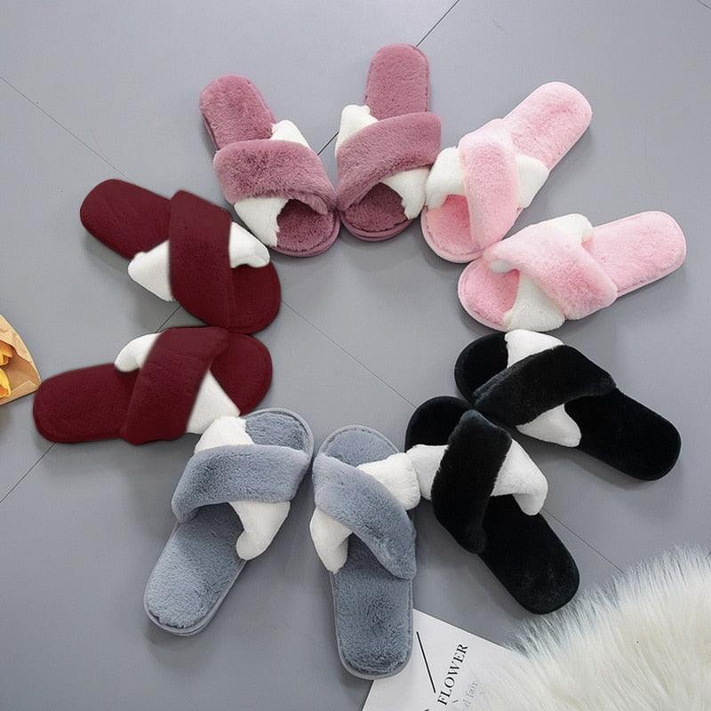 Slippers Stevvex fluffy cross-band open-toe faux fur plush slip-on indoor outdoor non-slip on Tampa Home & Garden Store