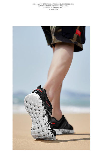 Stevvex Summer Sport men's air mesh sneakers, black upper with white foam outsole on beach on Tampa Home & Garden Store