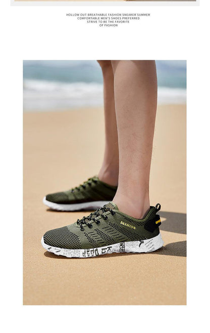 Stevvex Summer Sport mesh sneakers olive green pair with black laces, white sole print on Tampa Home & Garden Store