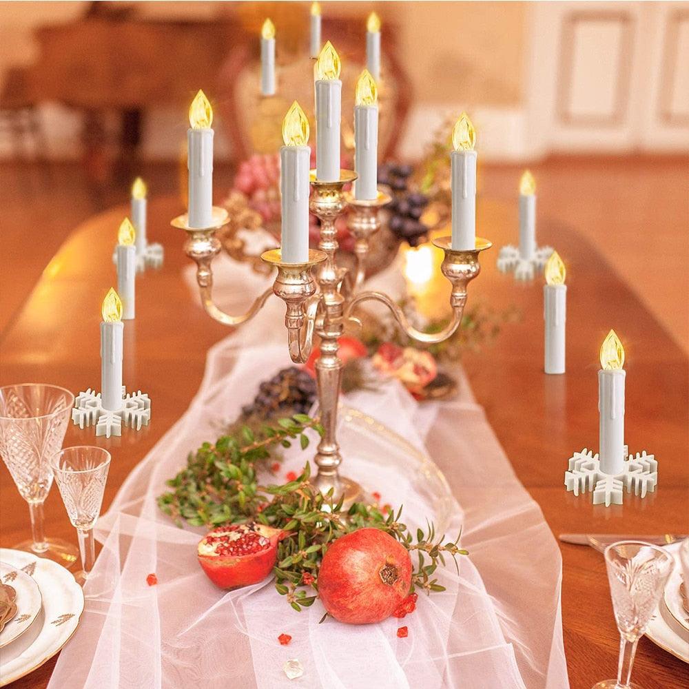 Stevvex flameless LED taper candles in ivory on a gold-tone candelabrum centerpiece on Tampa Home & Garden Store