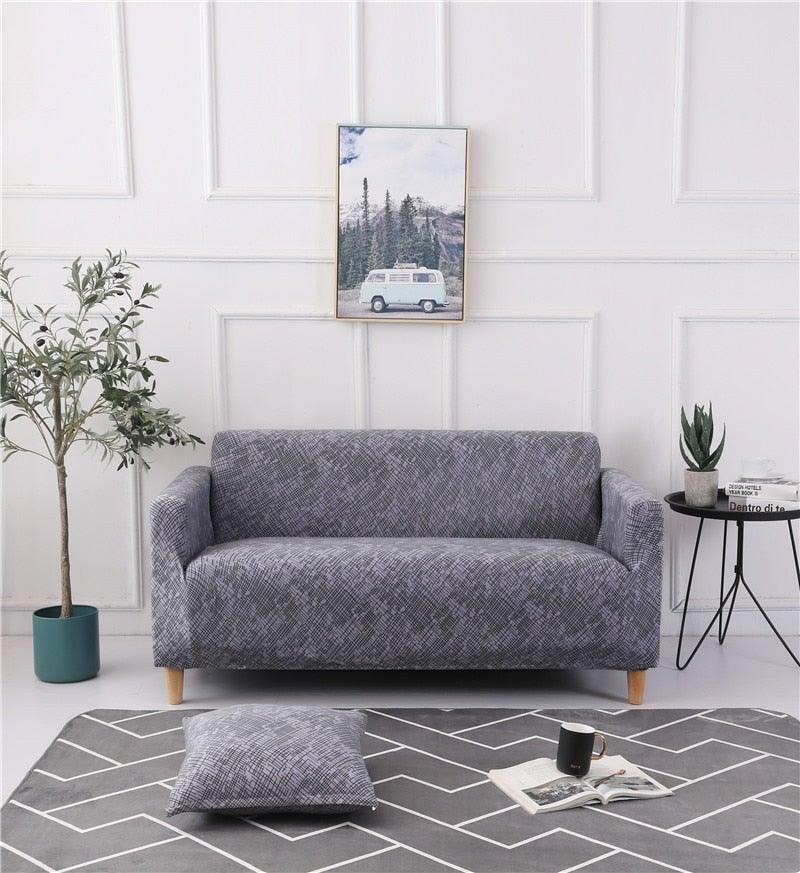 Elastic sofa cover for living room in grey textured fabric by Stevvex, 2-seat slipcover on Tampa Home & Garden Store