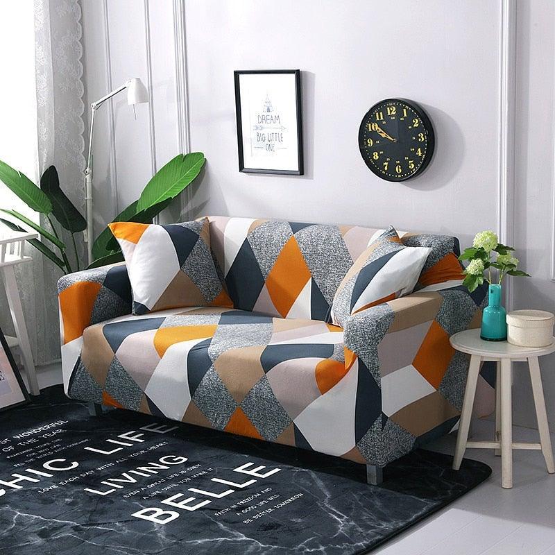 Stevvex elastic sofa cover for 3-seater, orange gray beige geometric print protector on Tampa Home & Garden Store