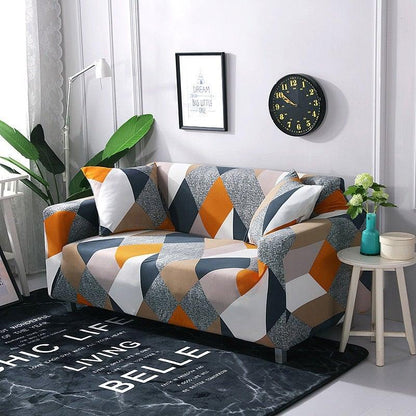 Stevvex elastic sofa cover for 3-seater, orange gray beige geometric print protector on Tampa Home & Garden Store