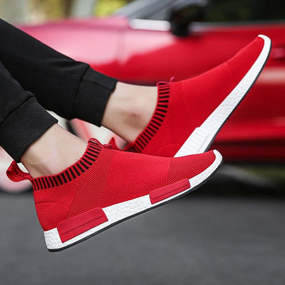 Stevvex men's red breathable knit running sneakers with sock collar and white midsole accents on Tampa Home & Garden Store