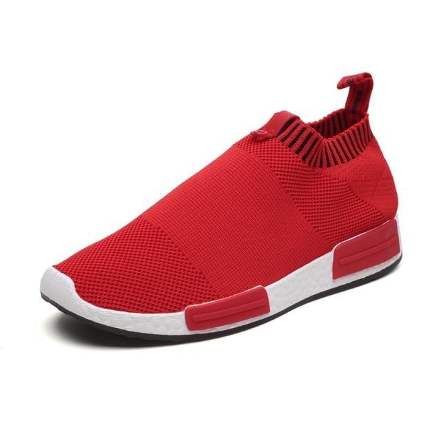 Stevvex men's red breathable knit running sneaker with sock collar and white sole on Tampa Home & Garden Store