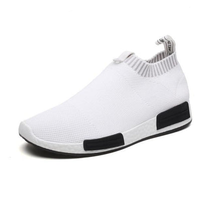 Stevvex men's white mesh slip-on running sneakers with knit upper and black side accents on Tampa Home & Garden Store