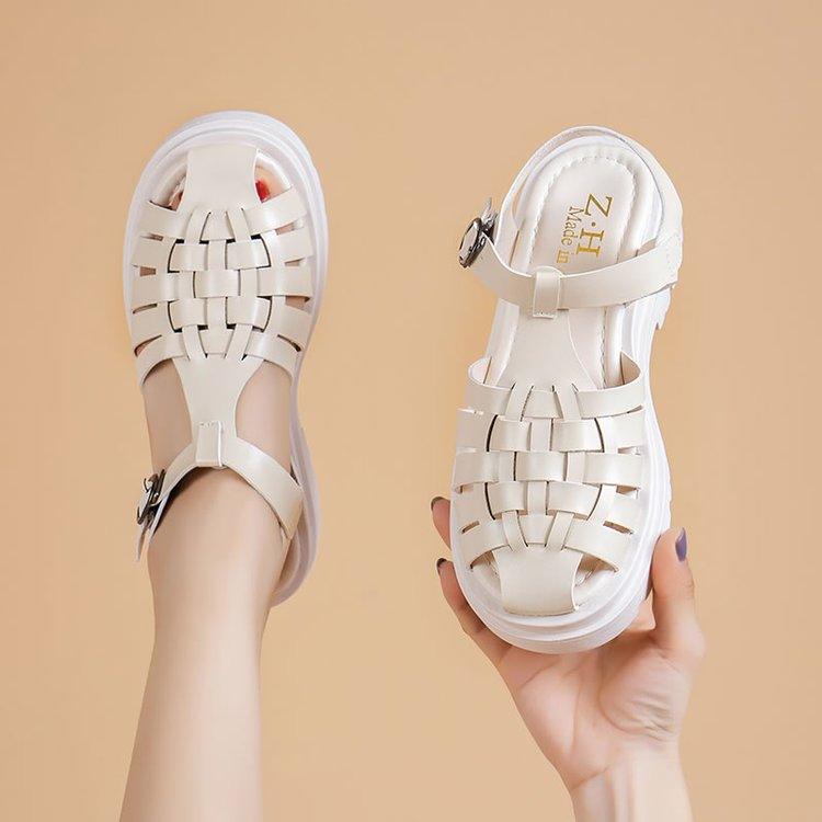 Platform sandals Stevvex cream woven upper, open toe and ankle strap pair on Tampa Home & Garden Store