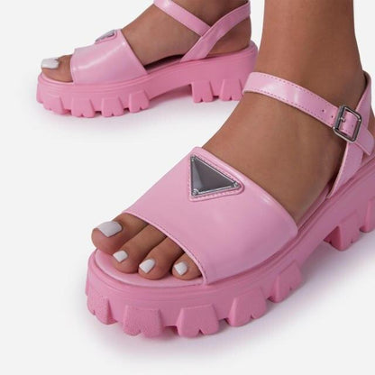 Stevvex pink platform sandals with open toe, ankle strap and buckle, chunky sole on Tampa Home & Garden Store