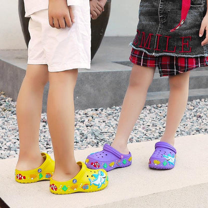 Stevvex kids slip-on beach slippers in yellow and purple with sea creature prints ST85SH3578LDO on Tampa Home & Garden Store