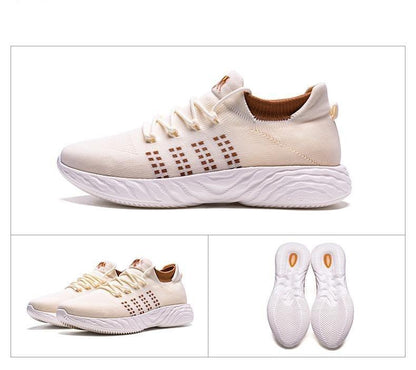Mens lightweight running sneakers from Stevvex with beige knit upper and white sole on Tampa Home & Garden Store