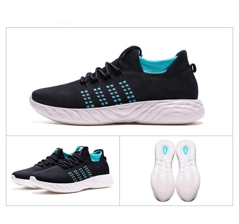 Mens Stevvex lightweight running sneakers, black knit upper with teal and white sole 3 views on Tampa Home & Garden Store