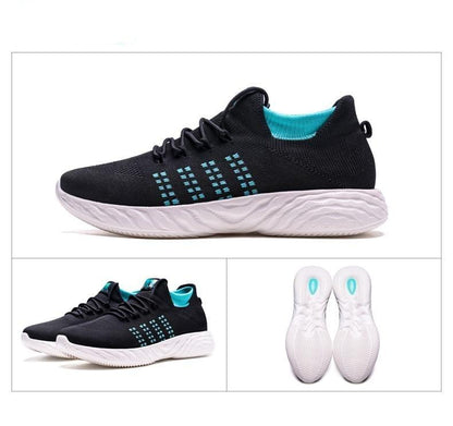 Mens Stevvex lightweight running sneakers, black knit upper with teal and white sole 3 views on Tampa Home & Garden Store