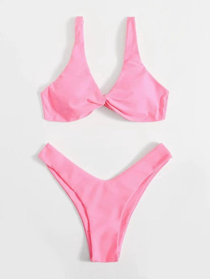 Solid Tie Bikini Padded Bra High Leg Set