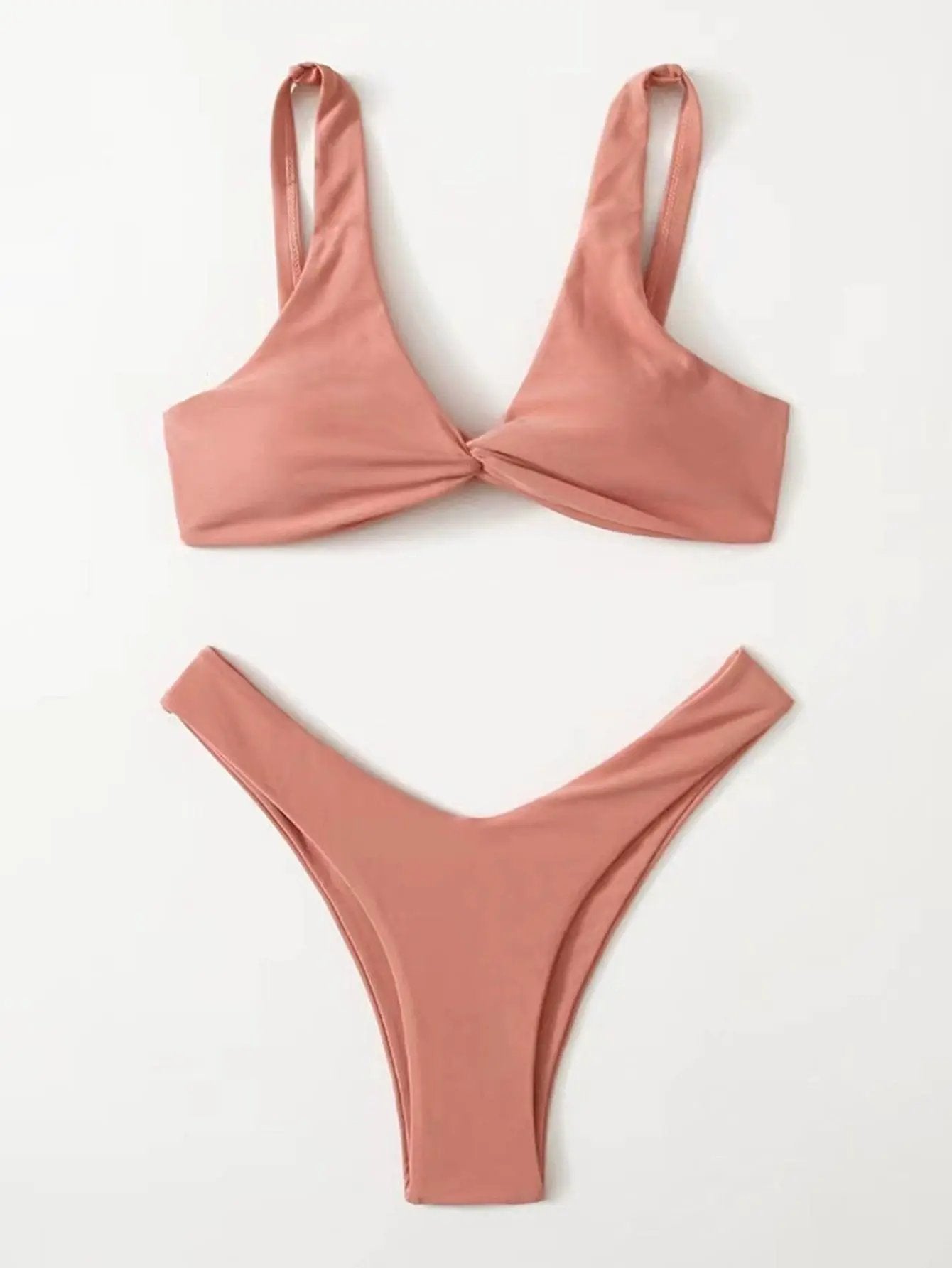 Solid Tie Bikini Padded Bra High Leg Set