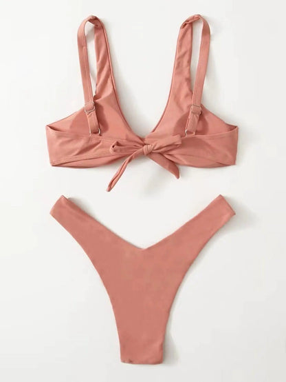 Solid Tie Bikini Padded Bra High Leg Set