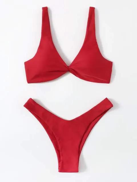Solid Tie Bikini Padded Bra High Leg Set