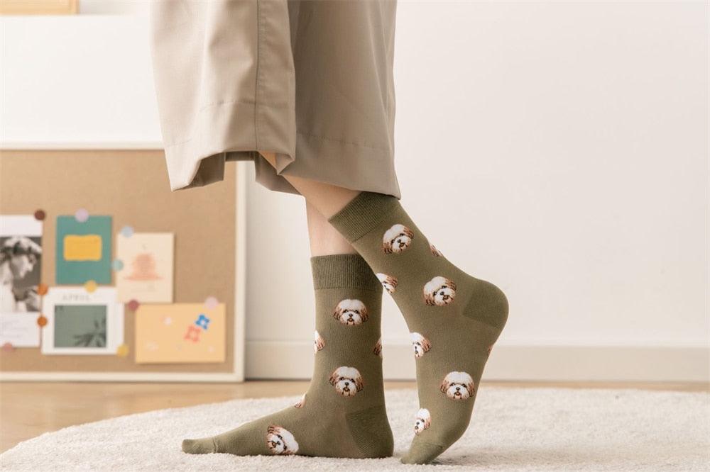 Stevvex olive green cotton crew socks with repeating Pomeranian dog faces unisex mid-calf on Tampa Home & Garden Store