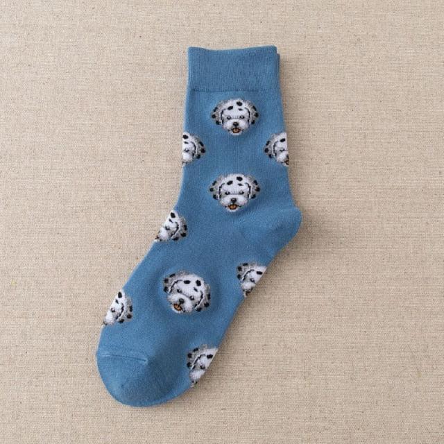 Stevvex blue crew socks with white cartoon dog faces pattern, cotton warm unisex on Tampa Home & Garden Store
