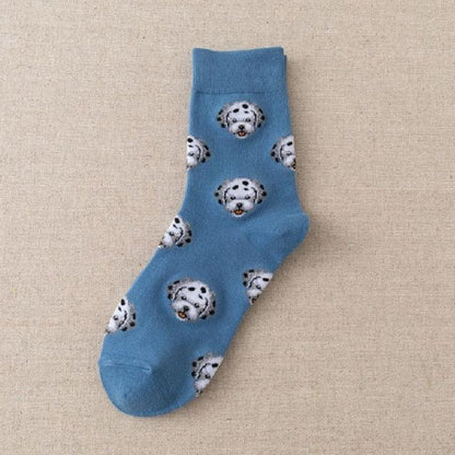 Stevvex blue crew socks with white cartoon dog faces pattern, cotton warm unisex on Tampa Home & Garden Store