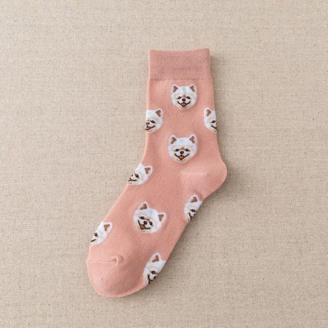 Stevvex pink dog-face crew socks cotton, unisex mid-calf with Pomeranian faces on Tampa Home & Garden Store
