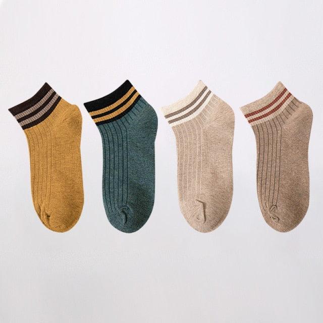 4-pair cotton ankle socks in mustard, teal, beige and taupe with striped cuffs on Tampa Home & Garden Store